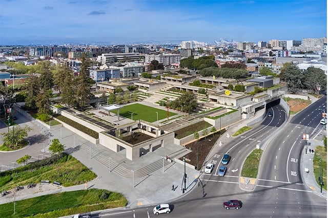 Photo:  Aerial view of the newly renovated Oakland Museum of California campus and garden. ©2021 Tim Griffith. All rights reserved.