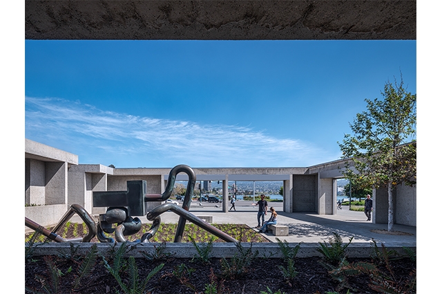 Photo: View from inside OMCA's 12th St entrance, looking out towards Lake Merritt and Mr. Ishi sculpture by Peter Voulkos  ©2021 Tim Griffith. All rights reserved.