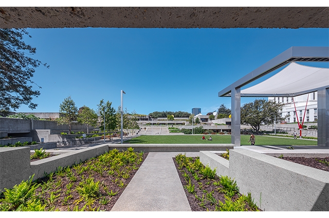 Photo: View of OMCA's refreshed tiered gardens (left and central) and new stage (right).  ©2021 Tim Griffith. All rights reserved.