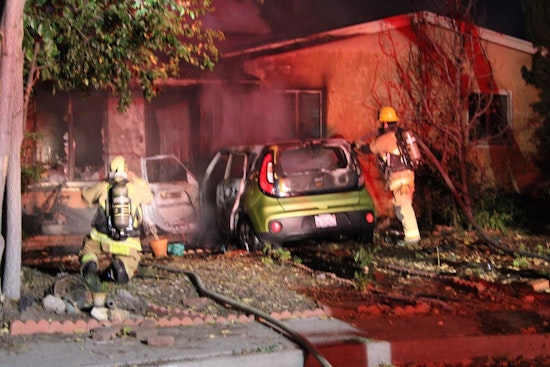 Vehicle Crashes Into Home Igniting Blaze in San Bernardino, Suspects on the Loose