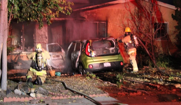 Vehicle Crashes Into Home Igniting Blaze in San Bernardino, Suspects on the Loose