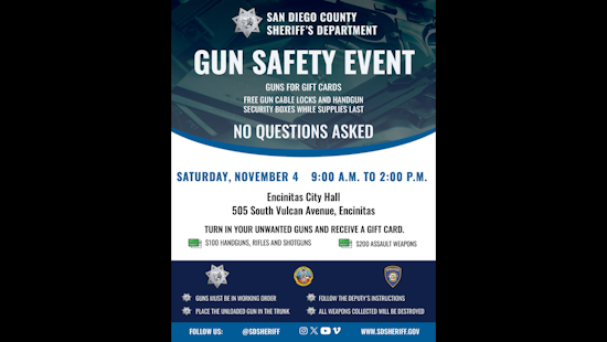 San Diego County Agencies Host Encinitas Gun Safety Event, Offer Gift Cards for Unwanted Firearms