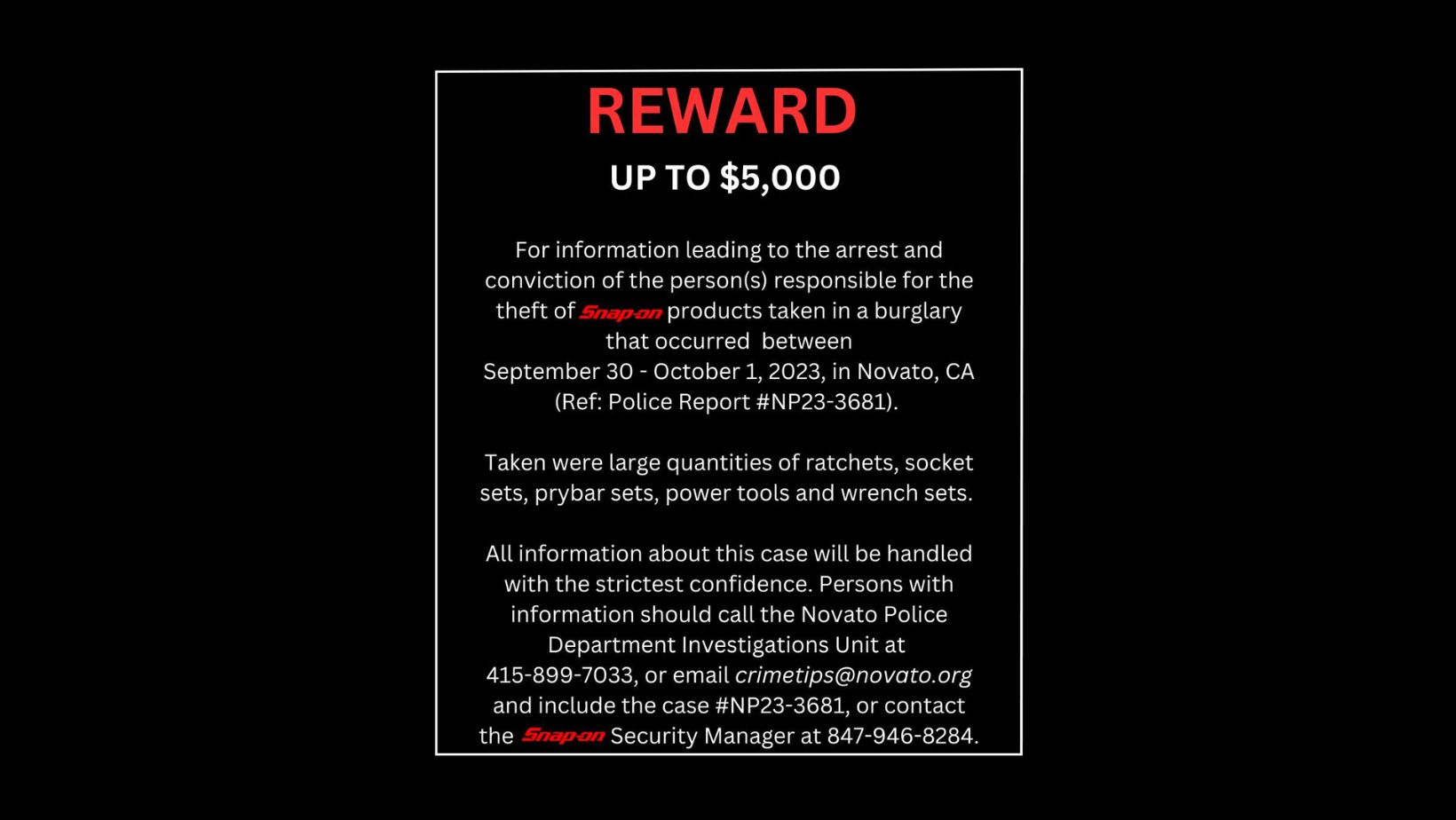 斯纳普-恩公司在诺瓦托盗窃案中提供5000美元奖励，案件数量不断上升