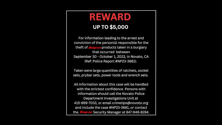 $5,000 Reward in Novato Mechanical and Construction Tools Theft Case 