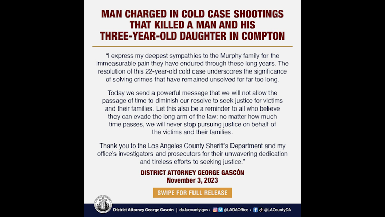 Man Charged for 2001 Double Murder in Compton, Including Father and Three-Year-Old Daughter