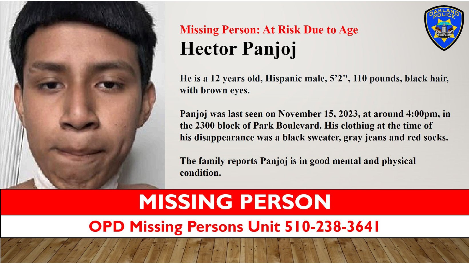 Oakland Police Seek Help Locating Missing 12-Year-Old Hector Panjoj