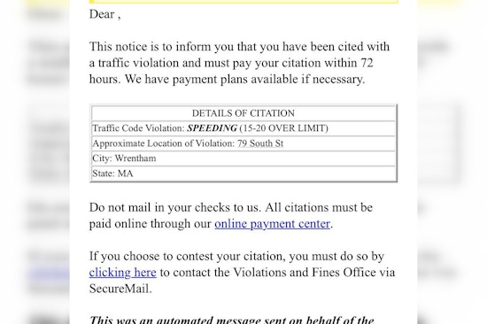 Wrentham Police Issue Warning After Massachusetts Residents Fall Victim to Speeding Ticket Email Scam