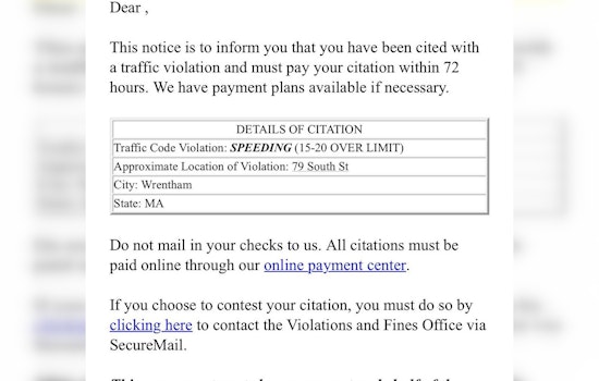 Wrentham Police Issue Warning After Massachusetts Residents Fall Victim to Speeding Ticket Email Scam