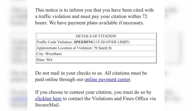 Wrentham Police Issue Warning After Massachusetts Residents Fall Victim to Speeding Ticket Email Scam