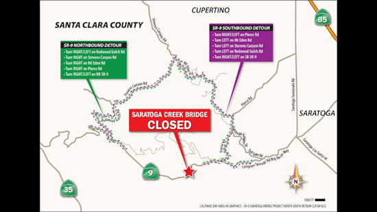 82-Hour Closure of SR-9 at Saratoga Creek Bridge Begins Thursday