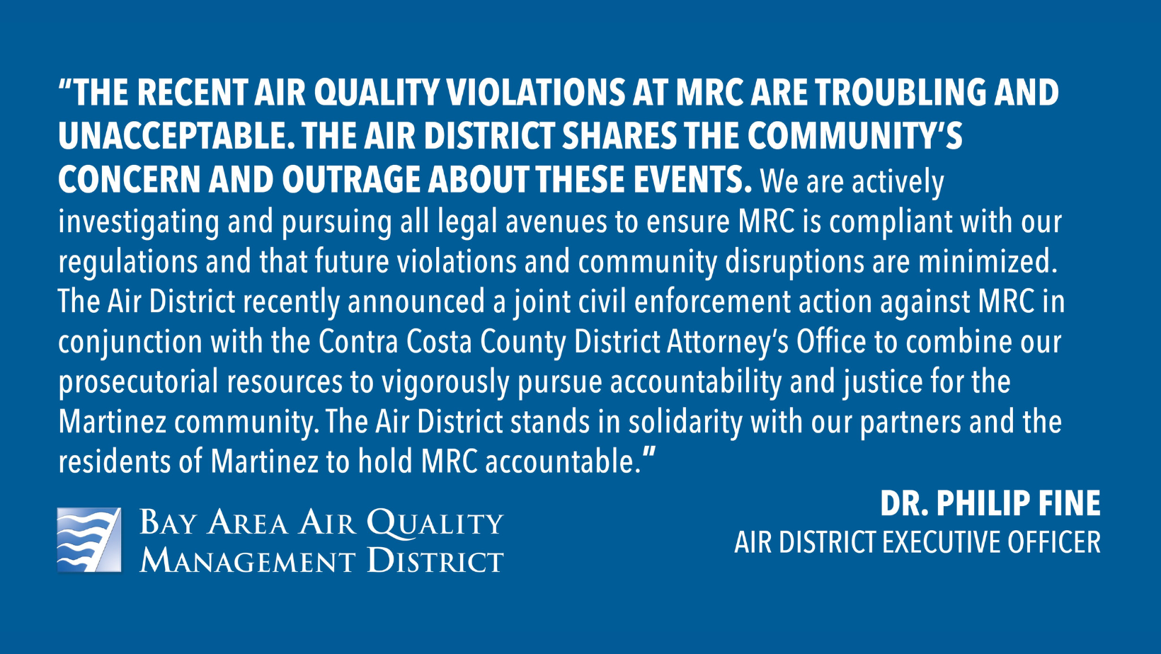 湾区空气质量管理局与康特拉科斯塔地区检察官合作解决马丁内斯的MRC公司持续违规问题