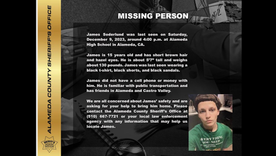 Community Alert for 15-Year-Old Boy Missing in Alameda County, Authorities Seek Public's Help