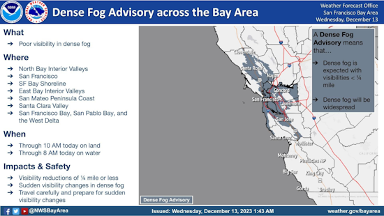 Dense Fog Advisory Slows San Francisco Bay Area Commuters, Freeze Warning Issued for Inland Counties