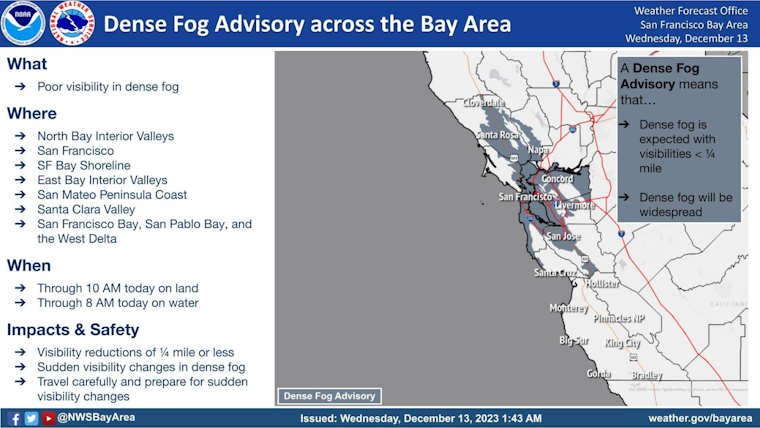Dense Fog Advisory Slows San Francisco Bay Area Commuters, Freeze Warning Issued for Inland Counties