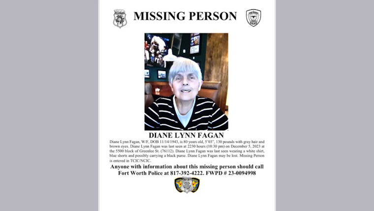 Fort Worth Police Seek Public's Aid in Locating Missing 80-Year-Old Diane Lynn Fagan
