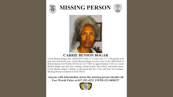 Fort Worth Police Seek Public's Help in Finding Missing 73-Year-Old Woman Carrie Benson Bogar