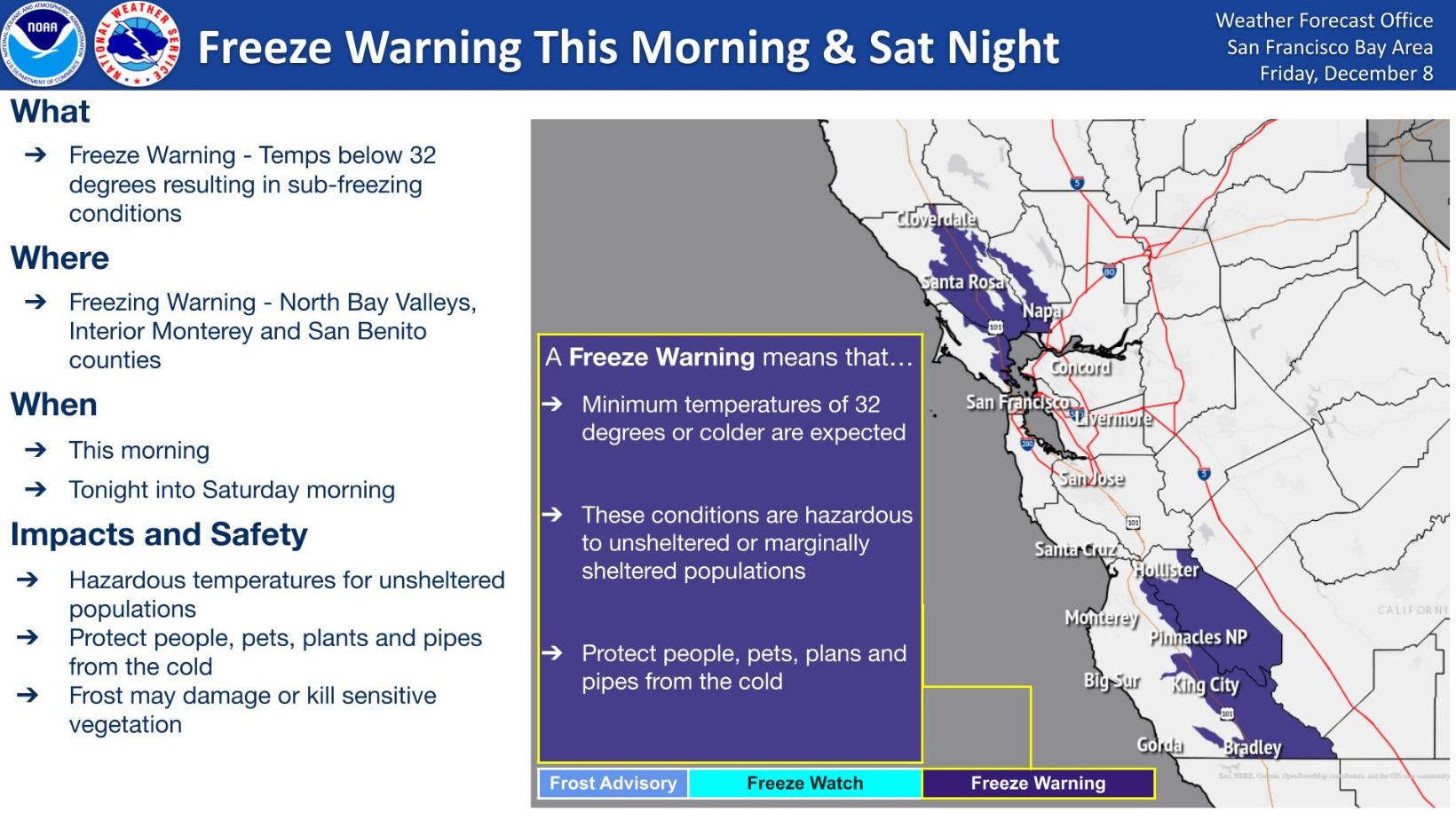 Freeze Warning for North Bay Valleys, Inland Central Coast as