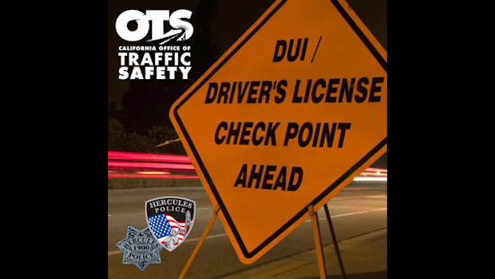 Hercules Police to Conduct DUI Checkpoint Dec. 29 to Combat Impaired Driving
