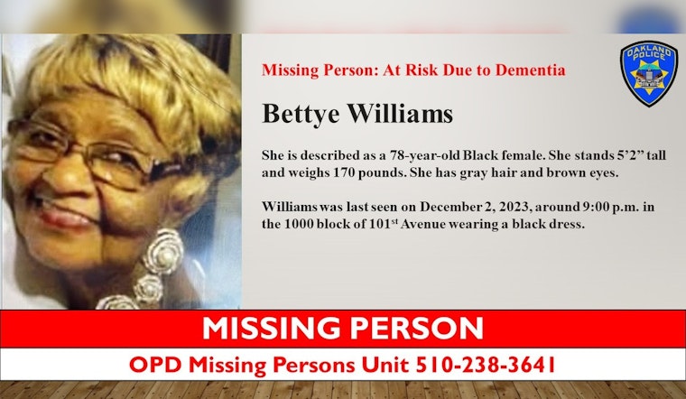 Oakland Police Seek Public's Help in Finding Bettye Williams, At-Risk Missing Elder with Dementia