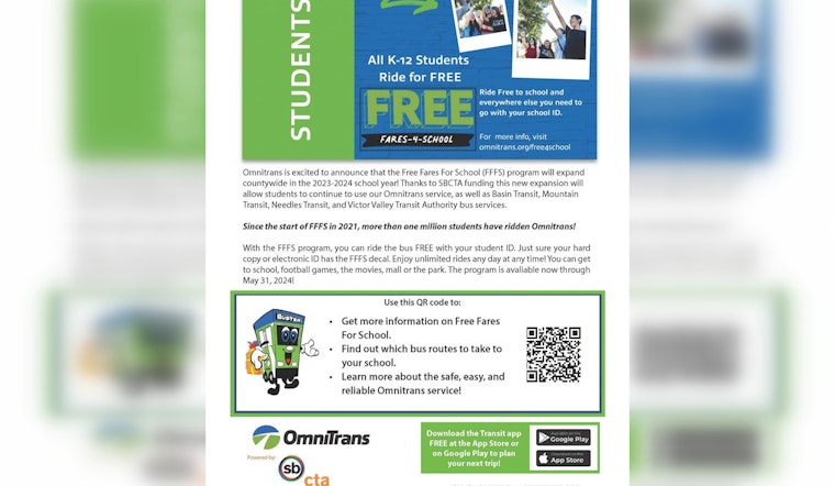 San Bernardino County Expands Free Bus Rides for Students, Eyeing Over a Million Rides to Education and Beyond