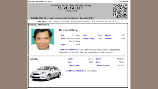 Texas Authorities End Silver Alert for Tomball's Raymond Dang, Details of Case Remain Unclear