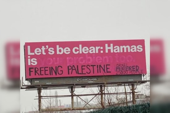 Worcester Billboard against Hamas Defaced with Pro-Palestinian Graffiti