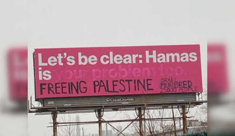 Worcester Billboard against Hamas Defaced with Pro-Palestinian Graffiti