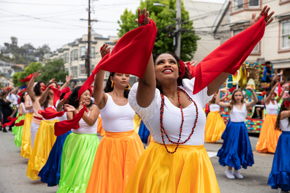 Colorful dancer with body paint at carnaval parade in Mission