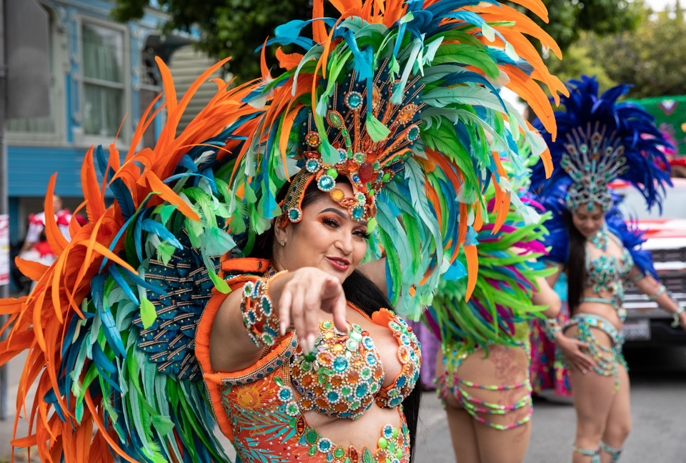 Colorful dancer with body paint at carnaval parade in Mission