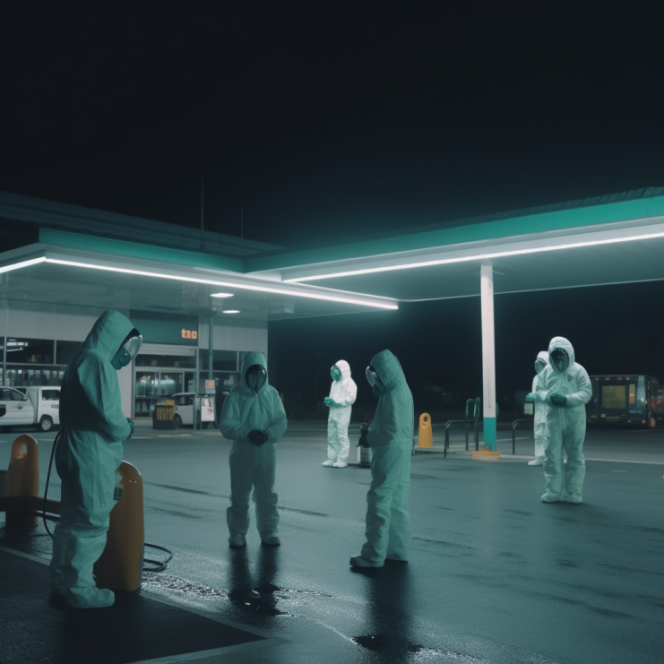 Rendering of People in Hazmat Suits at a Gas Station