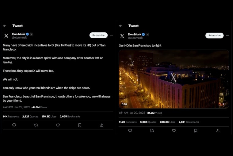  Musk Pledges "X" / Twitter HQ to Stay in San Francisco; Despite SF's Elon Musk Haters, Amidst Corporate Exodus