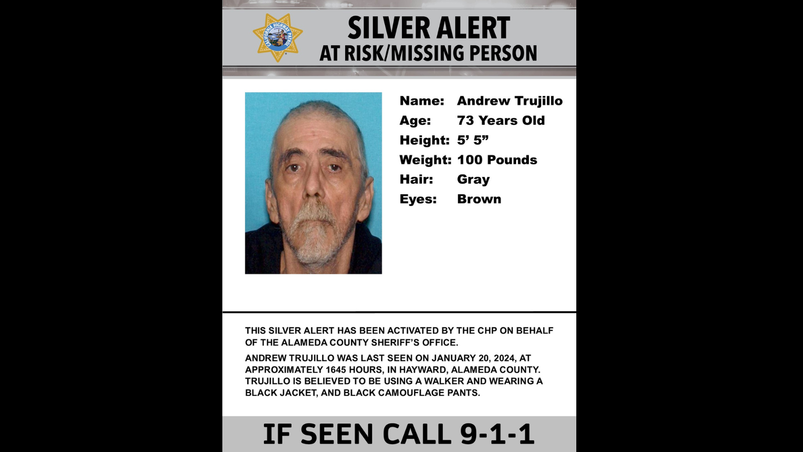CHP Issues Silver Alert for Missing 73-Year-Old Man in Hayward, Seeks