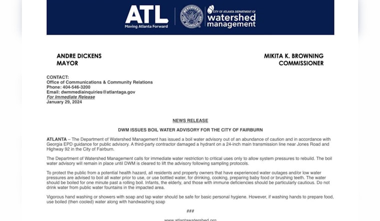 Fairburn Residents Urged to Boil Water Following Main Line Break Near Highway 92