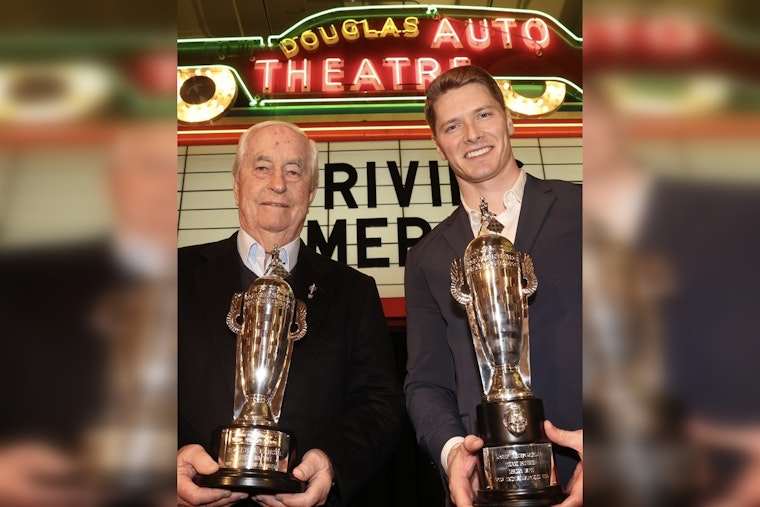 IndyCar Champion Josef Newgarden and Team Owner Roger Penske Triumph with "Baby Borg" Trophies in Dearborn