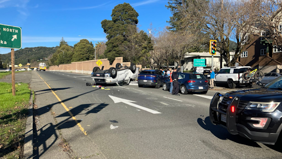 No Injuries Reported as Pickup Truck Rolls Over in Downtown San Rafael, Briefly Closing US-101 On-ramp