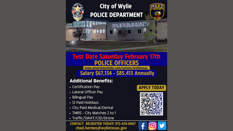 Wylie Police Department Seeks Fresh Recruits, Offers Testing for Prospective Officers on February 17th