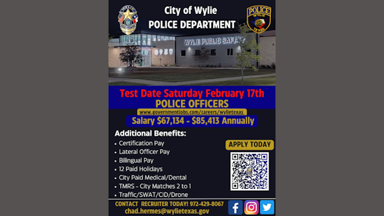 Wylie Police Department Seeks Fresh Recruits, Offers Testing for Prospective Officers on February 17th