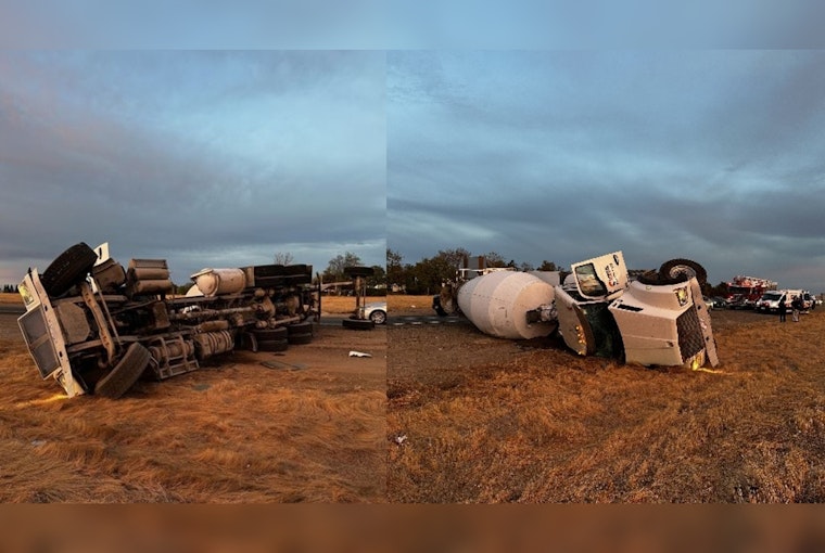 Cement Truck Overturns on Highway 65 in Rocklin While Swerving to Avoid Pedestrian