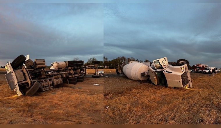 Cement Truck Overturns on Highway 65 in Rocklin While Swerving to Avoid Pedestrian