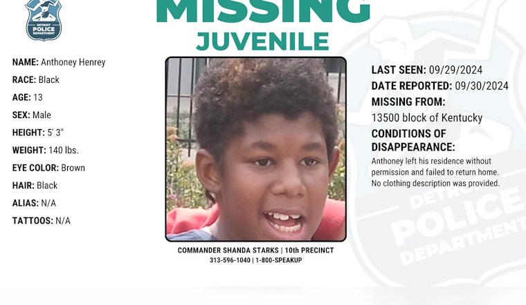 Detroit Community and Police Seek Public Assistance in Search for Missing 13-Year-Old Anthoney Henrey