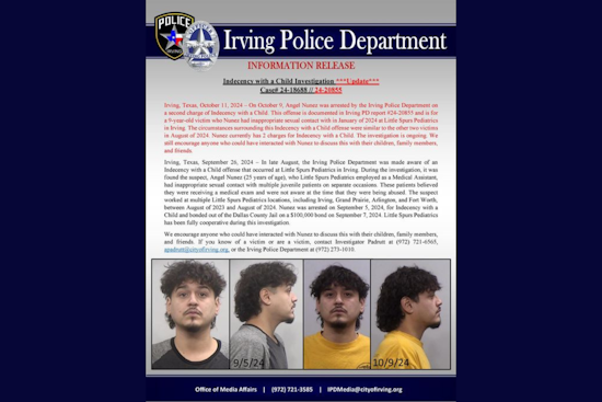 Irving Police Department Reports, Angel Nunez Charged with Indecency with a Child