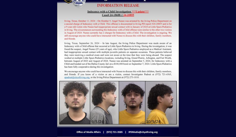 Irving Police Department Reports, Angel Nunez Charged with Indecency with a Child