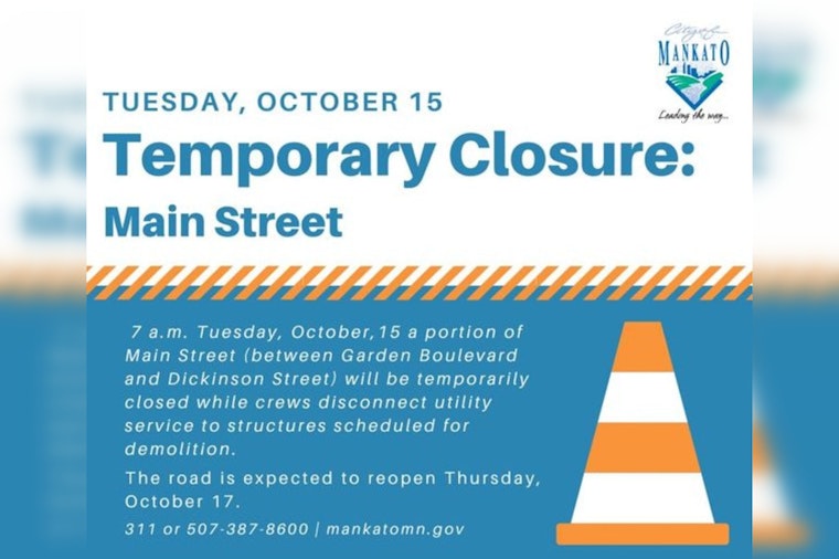 Mankato's Main Street Closing for Utility Work, Detours in Effect from October 15-17