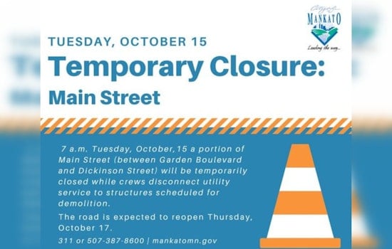 Mankato's Main Street Closing for Utility Work, Detours in Effect from October 15-17