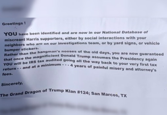 Voter Intimidation Scandal Erupts in San Marcos, Texas, "Trump Klan" Threatens Kamala Supporters with Tax Audit Terror