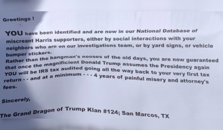 Voter Intimidation Scandal Erupts in San Marcos, Texas, "Trump Klan" Threatens Kamala Supporters with Tax Audit Terror