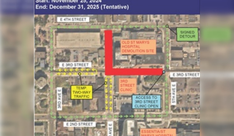 Duluth Drivers Alert: Crane Installation Prompts Temporary Shutdown of E Fourth Street for St. Mary’s/Essentia Project
