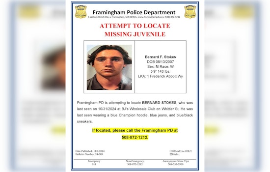 Framingham Police Seek Public Help in Locating Missing Juvenile Bernard F. Stokes Last Seen at BJ's Wholesale Club
