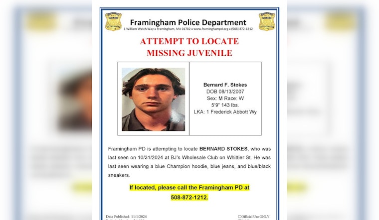 Framingham Police Seek Public Help in Locating Missing Juvenile Bernard F. Stokes Last Seen at BJ's Wholesale Club
