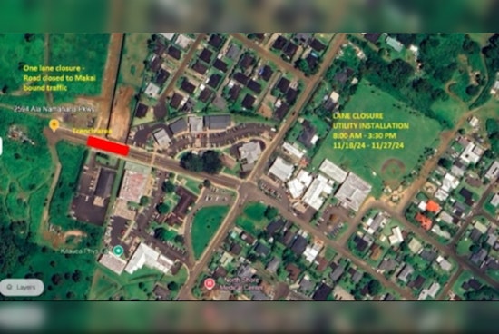 Kīlauea Commuters Alert as Ala Namahana Parkway Lane Closes for Electrical Work November 18 to 27